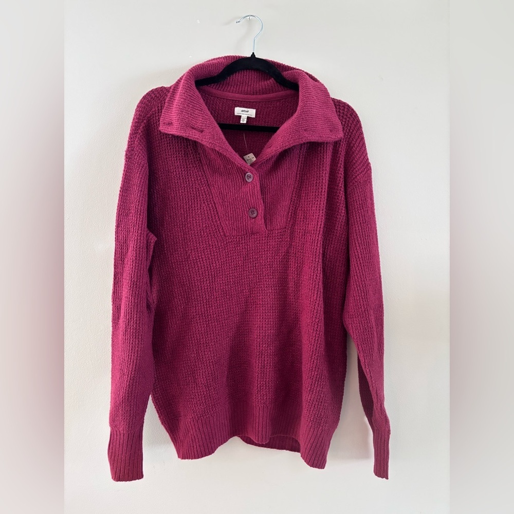 NWT Aerie Fuchsia Knit Oversized Pullover Sweater with Buttoned Collar, XS